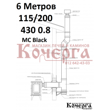 Комплект дымохода чёрного цвета через стену D115 мм. 